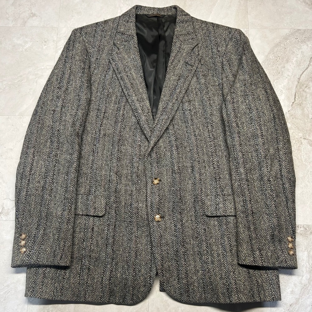 Harris Tweed Blazer Grey Herringbone Wool Men 46L Handwoven Vintage Sport Coat